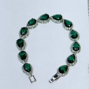 Emerald Teardrop Pear Shape Necklace Pendant, Earrings, Bracelet Set, Plated